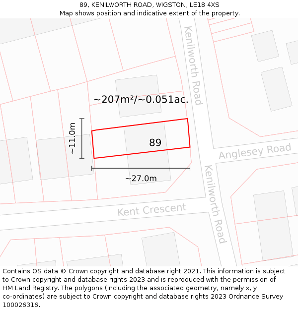 89, KENILWORTH ROAD, WIGSTON, LE18 4XS: Plot and title map