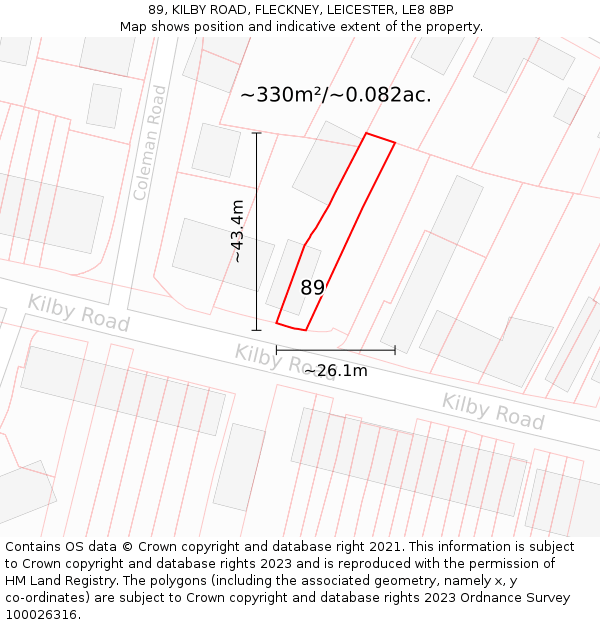 89, KILBY ROAD, FLECKNEY, LEICESTER, LE8 8BP: Plot and title map