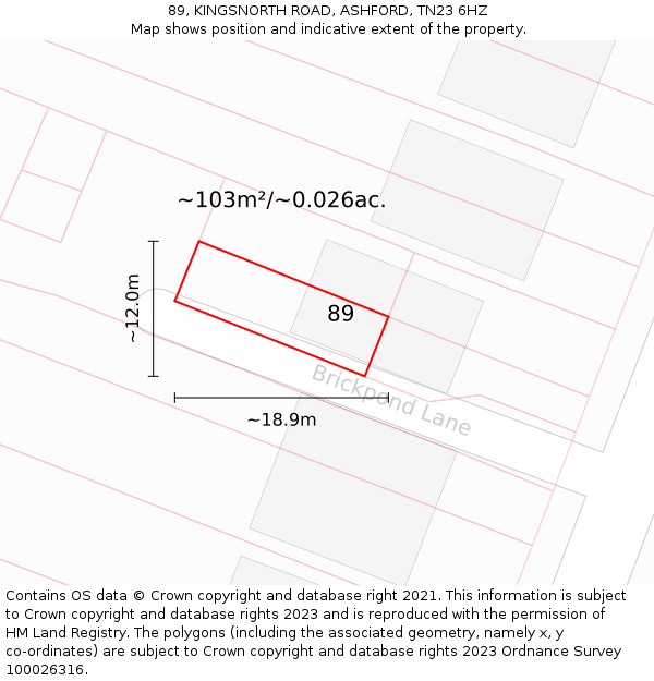 89, KINGSNORTH ROAD, ASHFORD, TN23 6HZ: Plot and title map