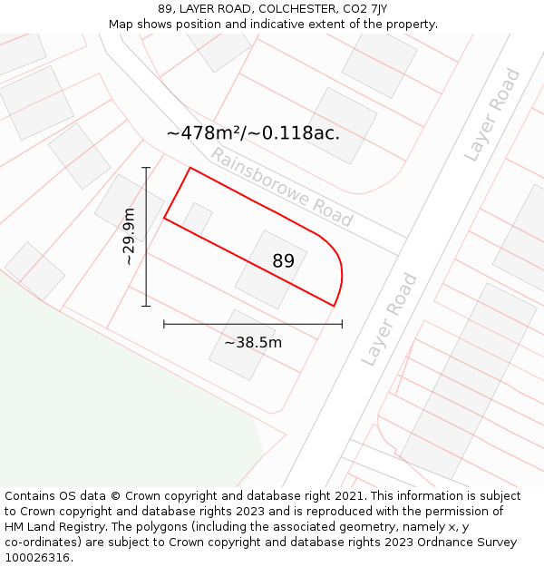 89, LAYER ROAD, COLCHESTER, CO2 7JY: Plot and title map