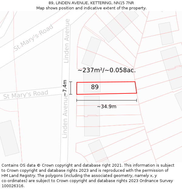 89, LINDEN AVENUE, KETTERING, NN15 7NR: Plot and title map