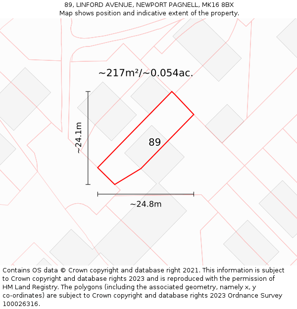 89, LINFORD AVENUE, NEWPORT PAGNELL, MK16 8BX: Plot and title map