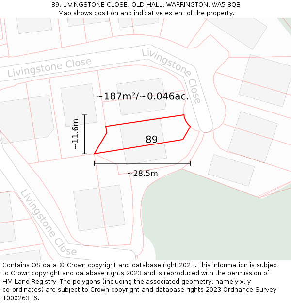 89, LIVINGSTONE CLOSE, OLD HALL, WARRINGTON, WA5 8QB: Plot and title map