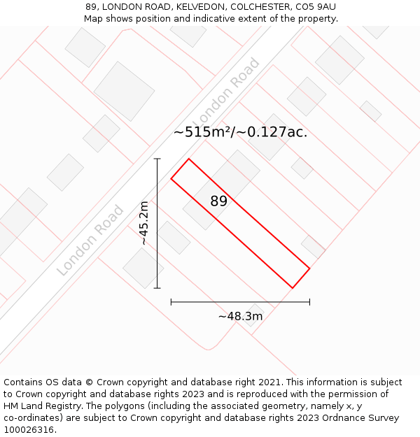 89, LONDON ROAD, KELVEDON, COLCHESTER, CO5 9AU: Plot and title map