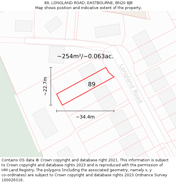 89, LONGLAND ROAD, EASTBOURNE, BN20 8JB: Plot and title map