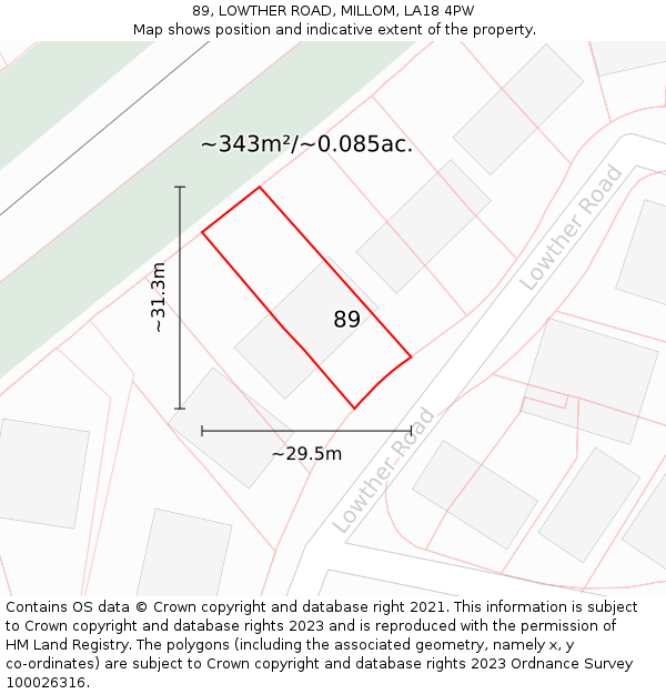 89, LOWTHER ROAD, MILLOM, LA18 4PW: Plot and title map