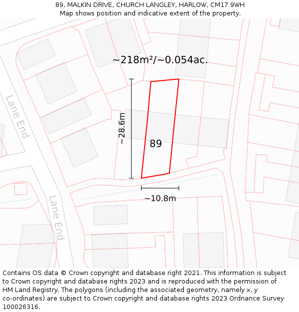 89, MALKIN DRIVE, CHURCH LANGLEY, HARLOW, CM17 9WH: Plot and title map