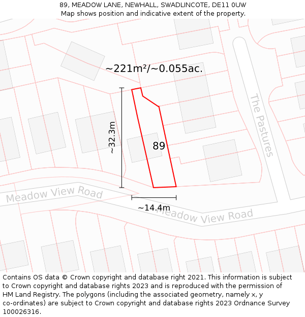 89, MEADOW LANE, NEWHALL, SWADLINCOTE, DE11 0UW: Plot and title map