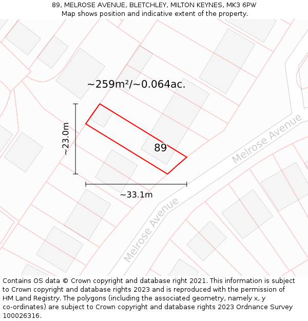 89, MELROSE AVENUE, BLETCHLEY, MILTON KEYNES, MK3 6PW: Plot and title map