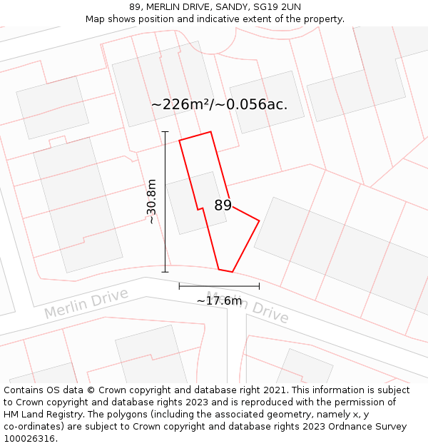 89, MERLIN DRIVE, SANDY, SG19 2UN: Plot and title map