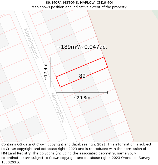 89, MORNINGTONS, HARLOW, CM19 4QJ: Plot and title map