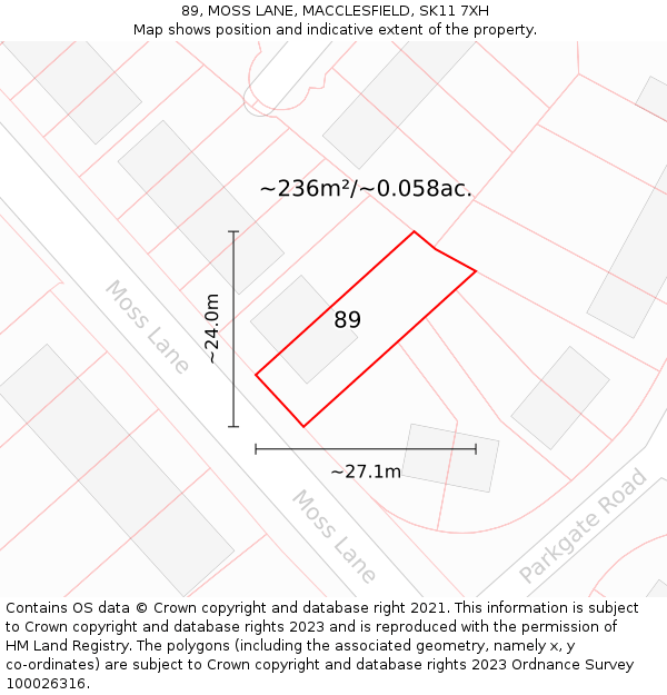 89, MOSS LANE, MACCLESFIELD, SK11 7XH: Plot and title map