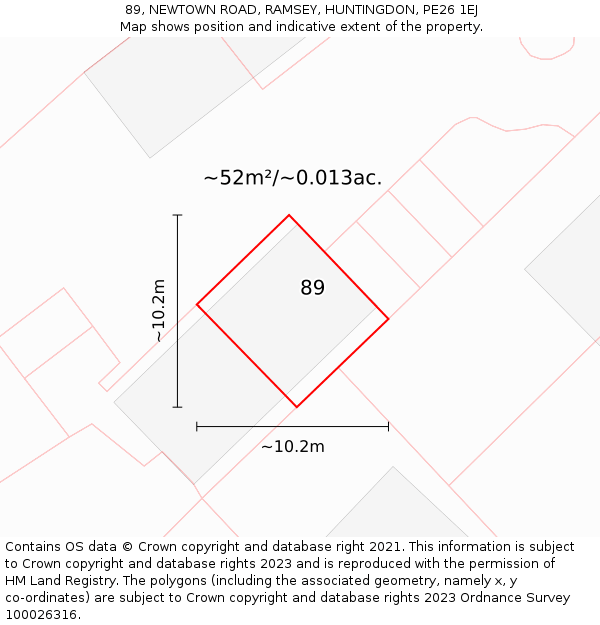 89, NEWTOWN ROAD, RAMSEY, HUNTINGDON, PE26 1EJ: Plot and title map