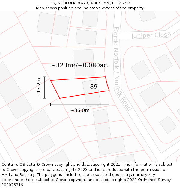 89, NORFOLK ROAD, WREXHAM, LL12 7SB: Plot and title map