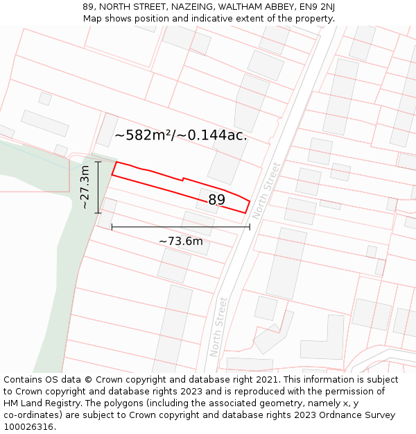 89, NORTH STREET, NAZEING, WALTHAM ABBEY, EN9 2NJ: Plot and title map