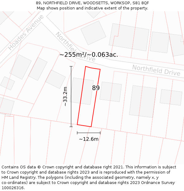 89, NORTHFIELD DRIVE, WOODSETTS, WORKSOP, S81 8QF: Plot and title map