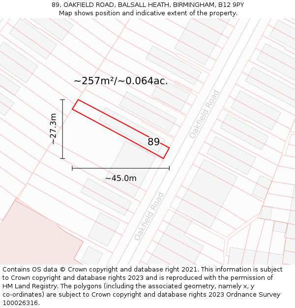 89, OAKFIELD ROAD, BALSALL HEATH, BIRMINGHAM, B12 9PY: Plot and title map