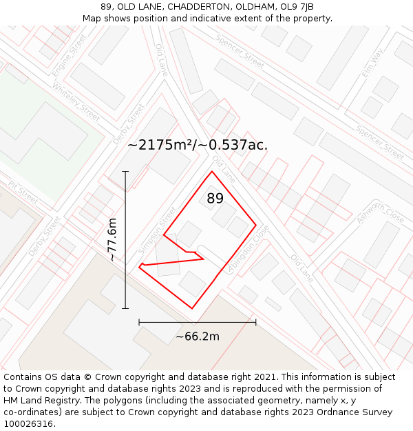 89, OLD LANE, CHADDERTON, OLDHAM, OL9 7JB: Plot and title map