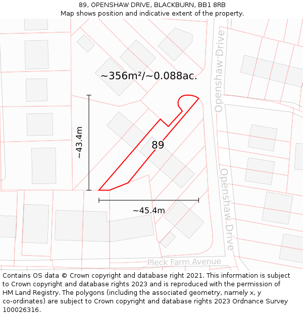 89, OPENSHAW DRIVE, BLACKBURN, BB1 8RB: Plot and title map