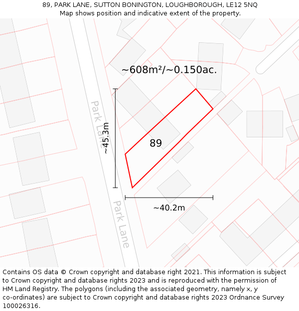 89, PARK LANE, SUTTON BONINGTON, LOUGHBOROUGH, LE12 5NQ: Plot and title map