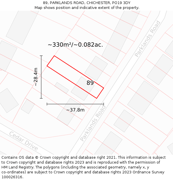 89, PARKLANDS ROAD, CHICHESTER, PO19 3DY: Plot and title map