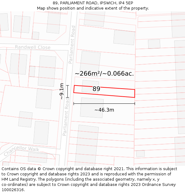 89, PARLIAMENT ROAD, IPSWICH, IP4 5EP: Plot and title map