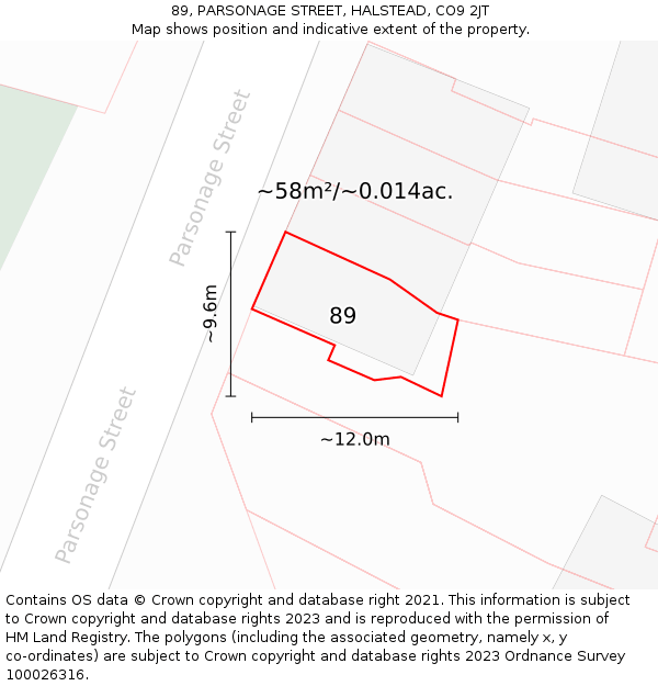 89, PARSONAGE STREET, HALSTEAD, CO9 2JT: Plot and title map