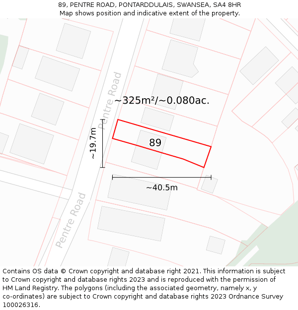 89, PENTRE ROAD, PONTARDDULAIS, SWANSEA, SA4 8HR: Plot and title map