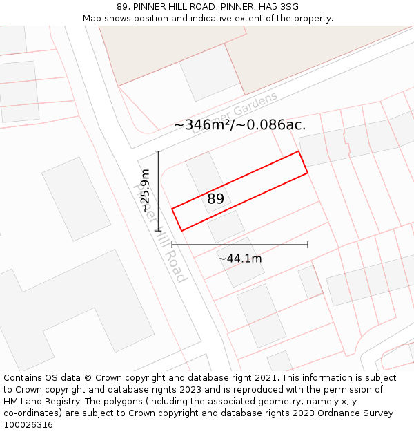 89, PINNER HILL ROAD, PINNER, HA5 3SG: Plot and title map