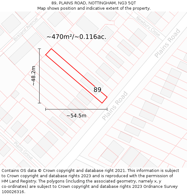 89, PLAINS ROAD, NOTTINGHAM, NG3 5QT: Plot and title map