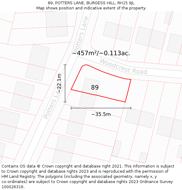 89, POTTERS LANE, BURGESS HILL, RH15 9JL: Plot and title map