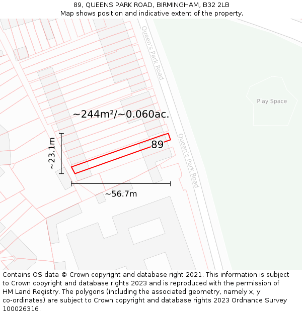 89, QUEENS PARK ROAD, BIRMINGHAM, B32 2LB: Plot and title map