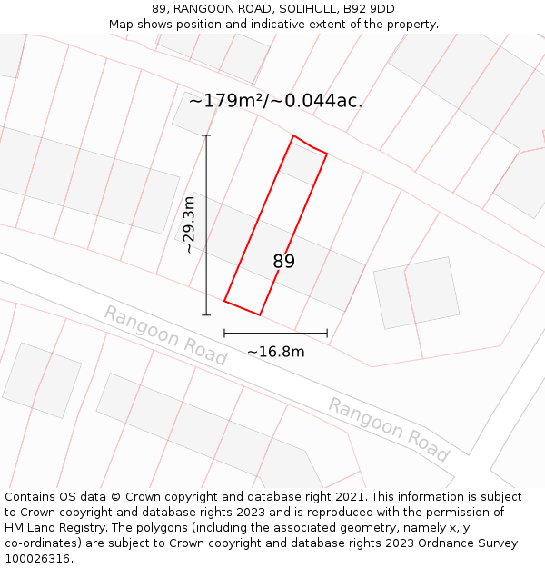 89, RANGOON ROAD, SOLIHULL, B92 9DD: Plot and title map