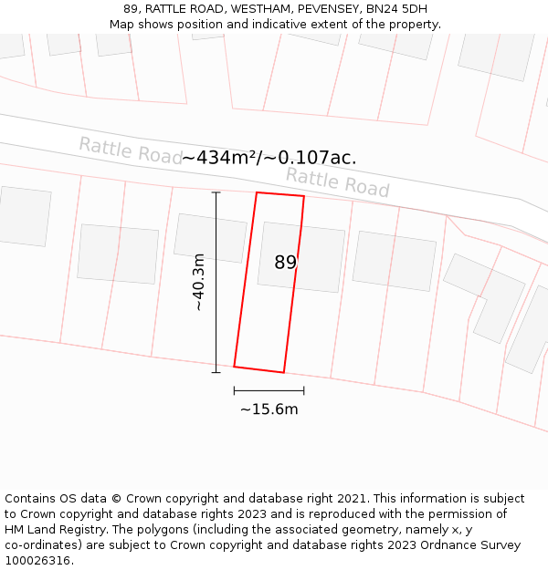 89, RATTLE ROAD, WESTHAM, PEVENSEY, BN24 5DH: Plot and title map