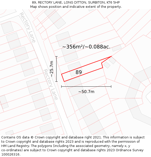 89, RECTORY LANE, LONG DITTON, SURBITON, KT6 5HP: Plot and title map