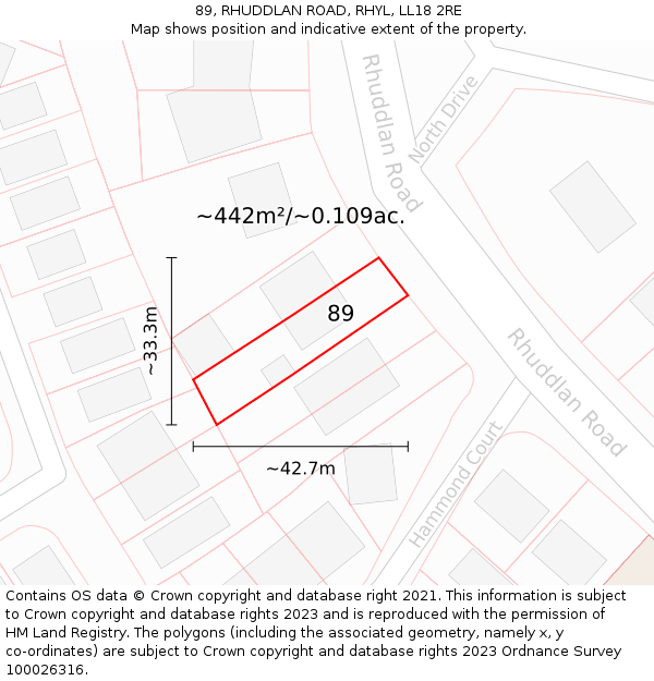 89, RHUDDLAN ROAD, RHYL, LL18 2RE: Plot and title map