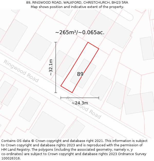 89, RINGWOOD ROAD, WALKFORD, CHRISTCHURCH, BH23 5RA: Plot and title map