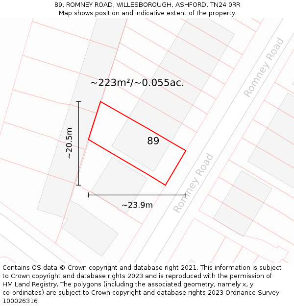 89, ROMNEY ROAD, WILLESBOROUGH, ASHFORD, TN24 0RR: Plot and title map