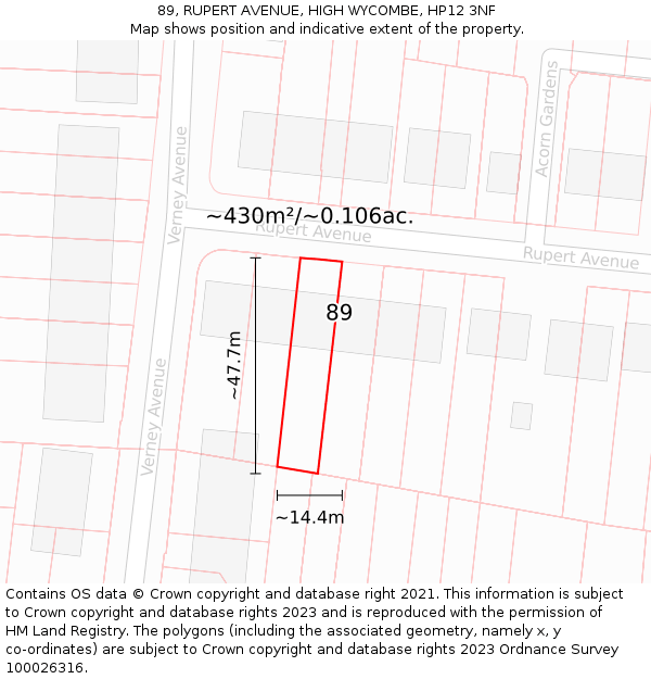 89, RUPERT AVENUE, HIGH WYCOMBE, HP12 3NF: Plot and title map