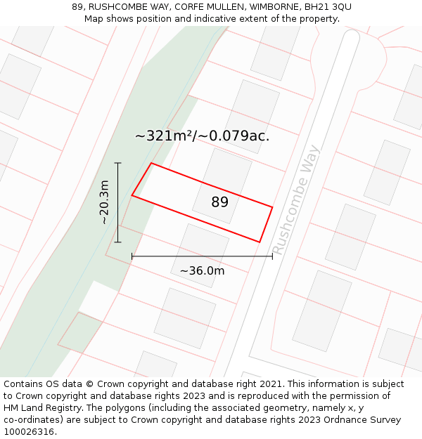 89, RUSHCOMBE WAY, CORFE MULLEN, WIMBORNE, BH21 3QU: Plot and title map