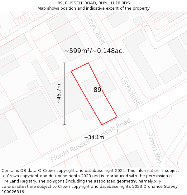 89, RUSSELL ROAD, RHYL, LL18 3DS: Plot and title map