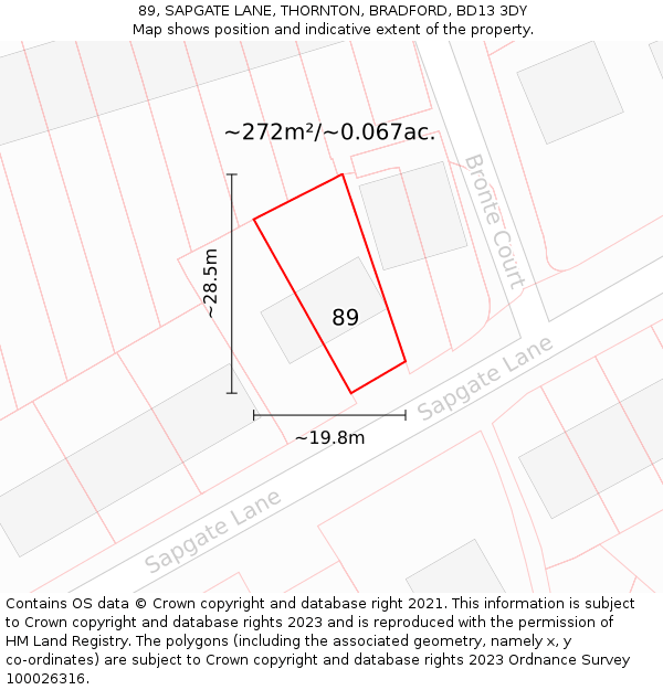 89, SAPGATE LANE, THORNTON, BRADFORD, BD13 3DY: Plot and title map