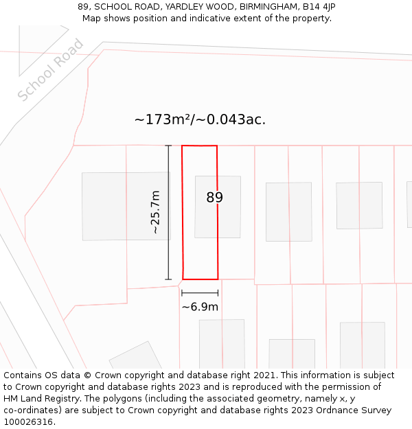 89, SCHOOL ROAD, YARDLEY WOOD, BIRMINGHAM, B14 4JP: Plot and title map