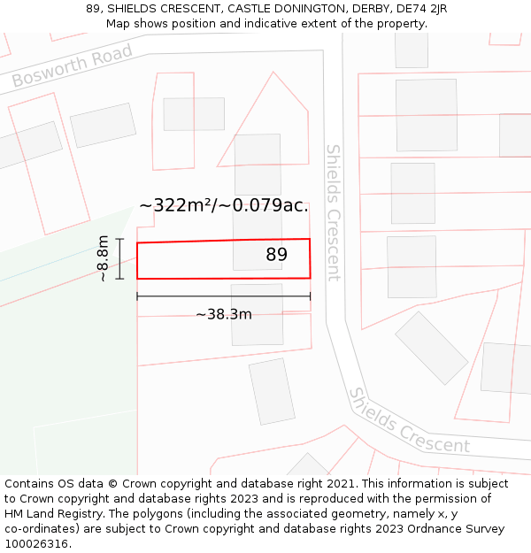 89, SHIELDS CRESCENT, CASTLE DONINGTON, DERBY, DE74 2JR: Plot and title map