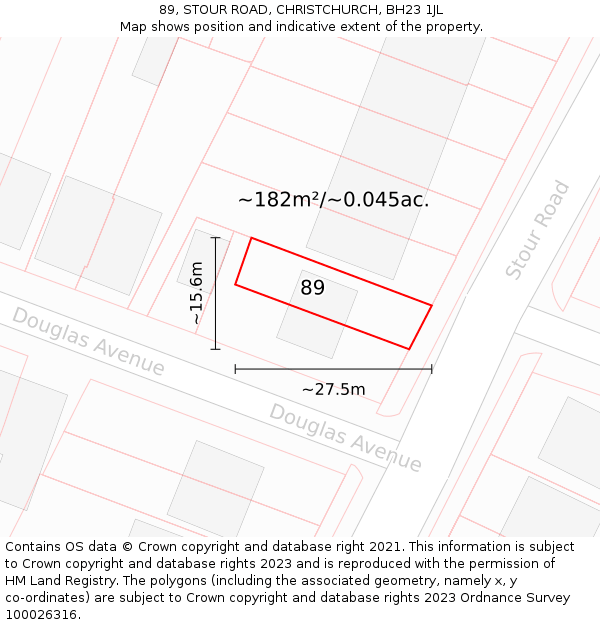 89, STOUR ROAD, CHRISTCHURCH, BH23 1JL: Plot and title map