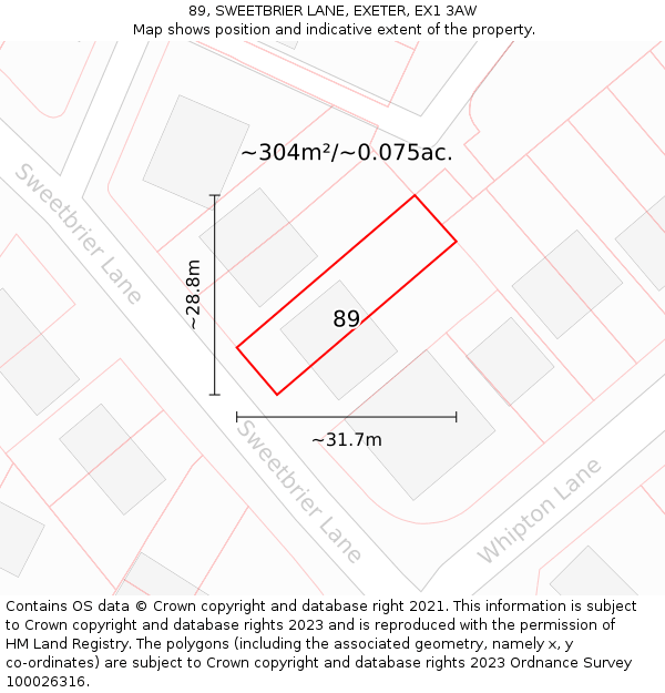 89, SWEETBRIER LANE, EXETER, EX1 3AW: Plot and title map