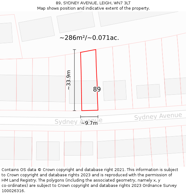 89, SYDNEY AVENUE, LEIGH, WN7 3LT: Plot and title map