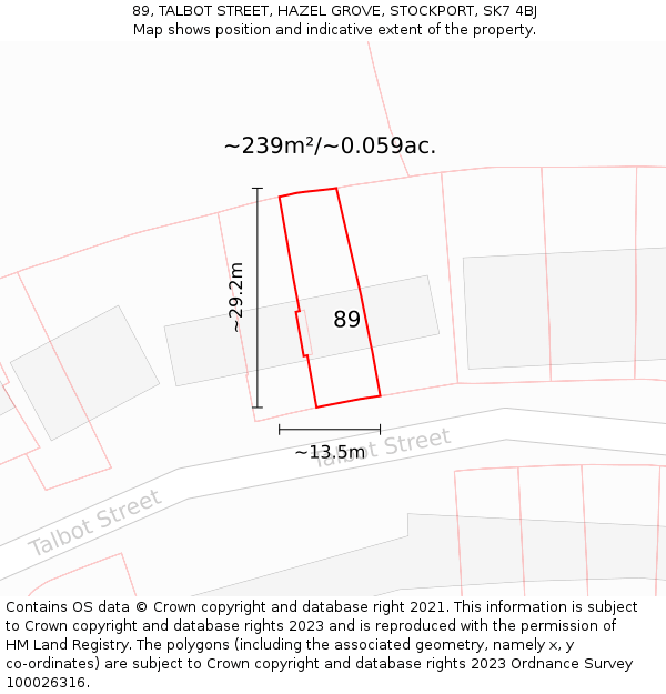 89, TALBOT STREET, HAZEL GROVE, STOCKPORT, SK7 4BJ: Plot and title map