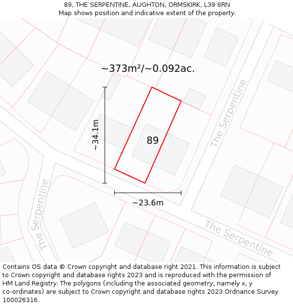 89, THE SERPENTINE, AUGHTON, ORMSKIRK, L39 6RN: Plot and title map