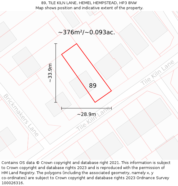 89, TILE KILN LANE, HEMEL HEMPSTEAD, HP3 8NW: Plot and title map